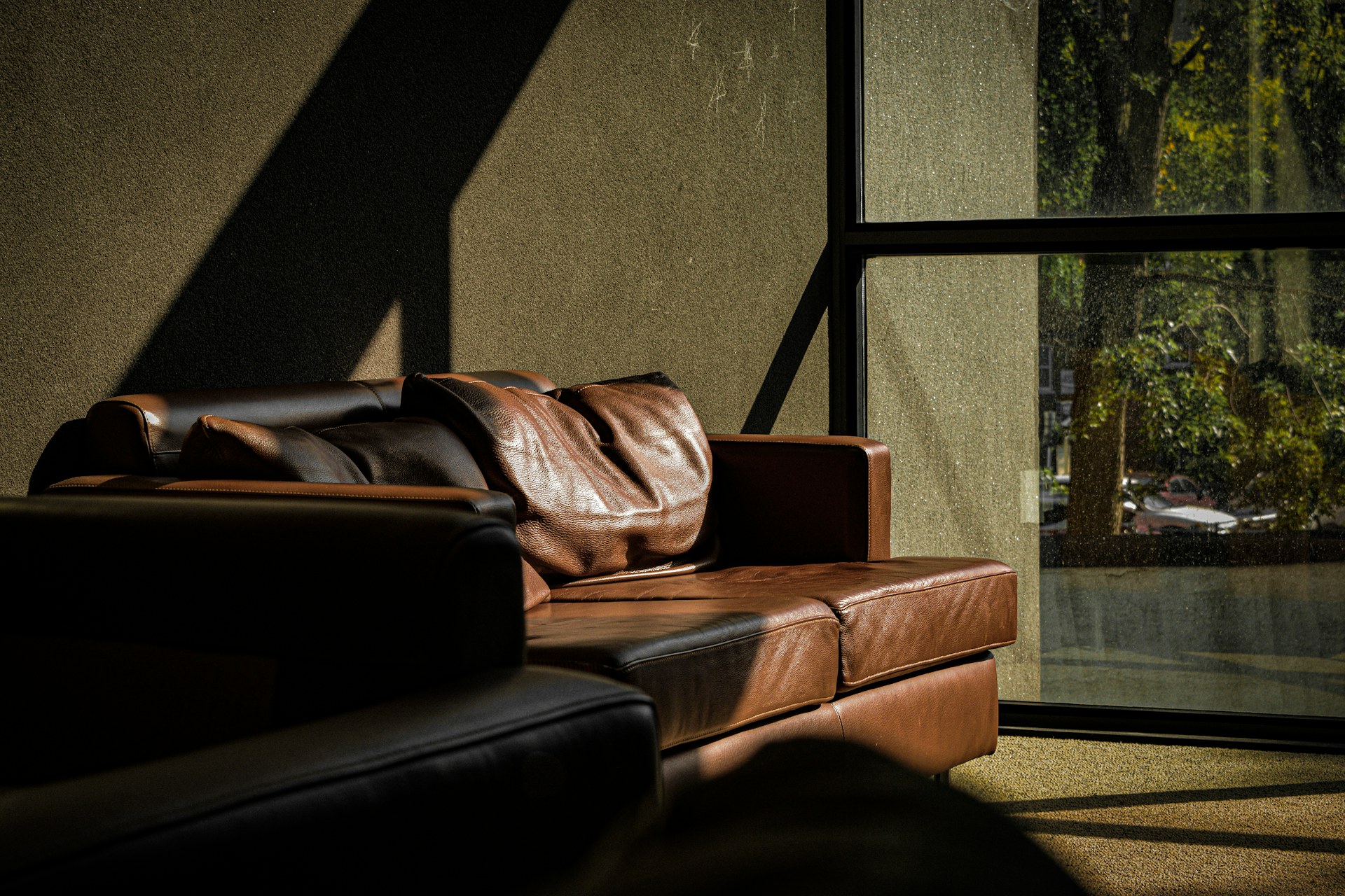 Brown leather sofa in dramatic raking window light — concept imagery